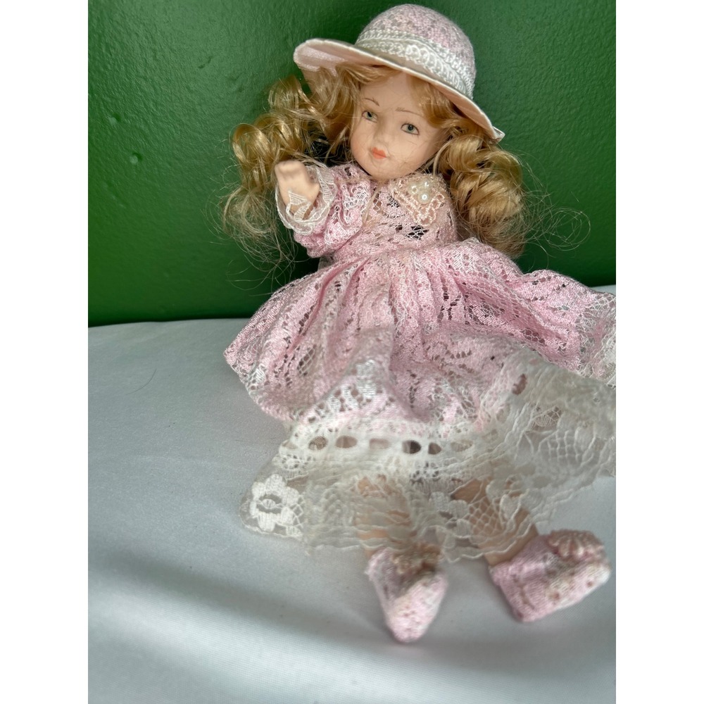 Vintage Porcelain Doll Pink Lace Dress Blonde Hair Blue Eyes Collectible Hat